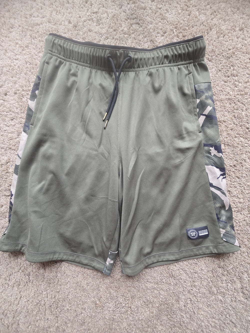 Olive Green Athletic Shorts with Camo Side Panels